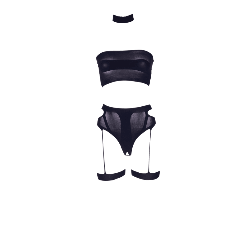 Le Desir - Tredelt med choker, Bandeau-topp og truse med strømpe